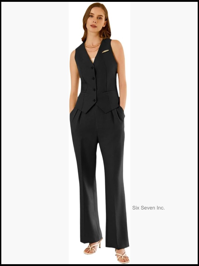 Linen 2 Piece Suit Set With Brooch, V-Neck Vest And Wide Leg Pants